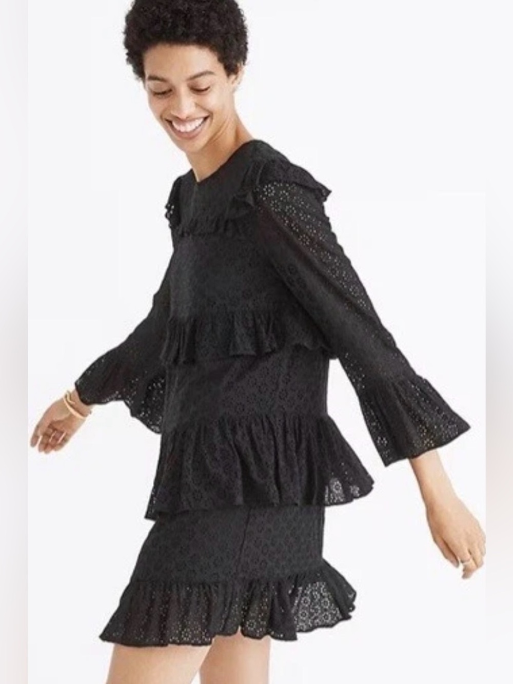Madewell Black Eyelet Lace Ruffle Tiered Long Sleeve Dress Size 4